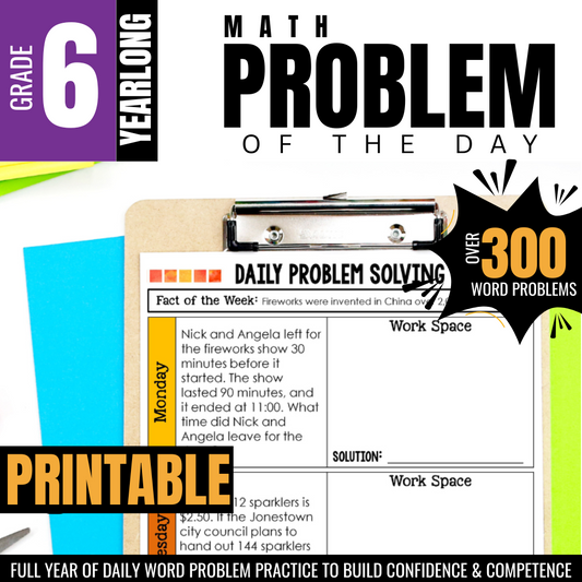 The "6th Grade Math Word Problem of the Day" by Differentiated Teaching with Rebecca Davies is a printable, yearlong resource shown on a clipboard, featuring over 300 daily math story problems for 6th grade practice and problem solving.