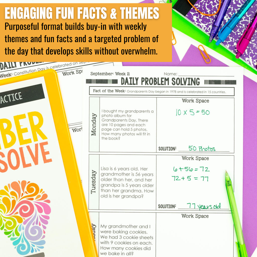 Colorful materials on a desk feature Differentiated Teaching with Rebecca Davies' "3rd Grade Math Word Problem of the Day: Yearlong Story Problem Solving Practice," a spiral notebook, pens, and fun banners highlighting engaging math facts and themes.