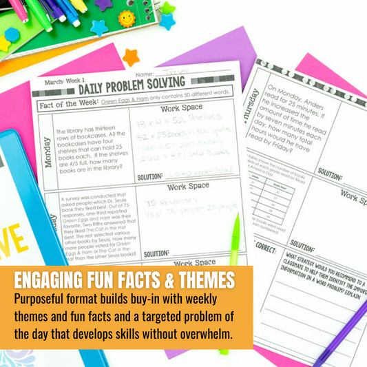 The 6th Grade Math Word Problem of the Day by Differentiated Teaching with Rebecca Davies features daily story problem worksheets focused on books and library facts, set among colorful school supplies—perfect for engaging 6th grade math practice!.