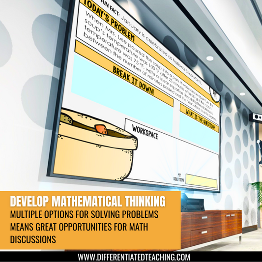 A classroom shows a large screen with a math word problem and workspace. Text reads: 4th Grade Math Word Problem of the Day by Differentiated Teaching with Rebecca Davies—boost discussion with daily practice and multiple solution strategies.