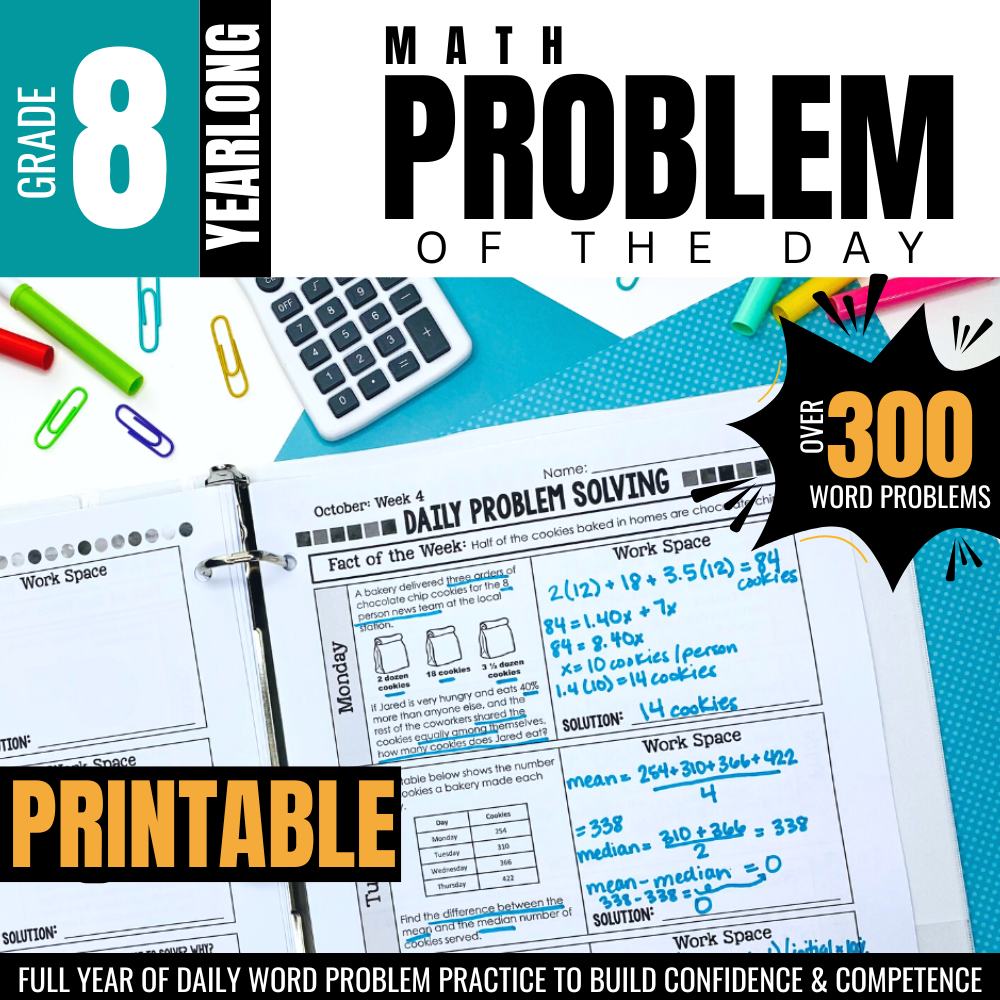 Bright advertisement for "8th Grade Math Word Problem of the Day" by Differentiated Teaching with Rebecca Davies—over 300 word problems, workspace on each printable, calculator and supplies theme—ideal daily bellwork or homework for middle school math practice.