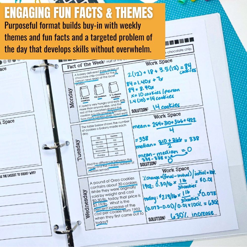 The "8th Grade Math Word Problem of the Day" by Differentiated Teaching with Rebecca Davies features daily math word problems, fun facts, themed questions like chocolate chip cookies, and handwritten solutions to support engaging problem solving.