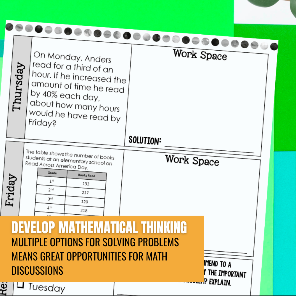 The 8th Grade Math Word Problem of the Day by Differentiated Teaching with Rebecca Davies features daily word problems with solution spaces and a note: Develop mathematical thinking—multiple solving strategies lead to rich math discussions.