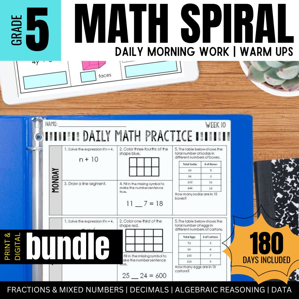 The 5th Grade Math Spiral Review by Differentiated Teaching with Rebecca Davies features a cover with a binder, Daily Math Practice worksheet, and “180 days” text. Ideal for printable math warm-ups on fractions, decimals, and more for fifth grade.