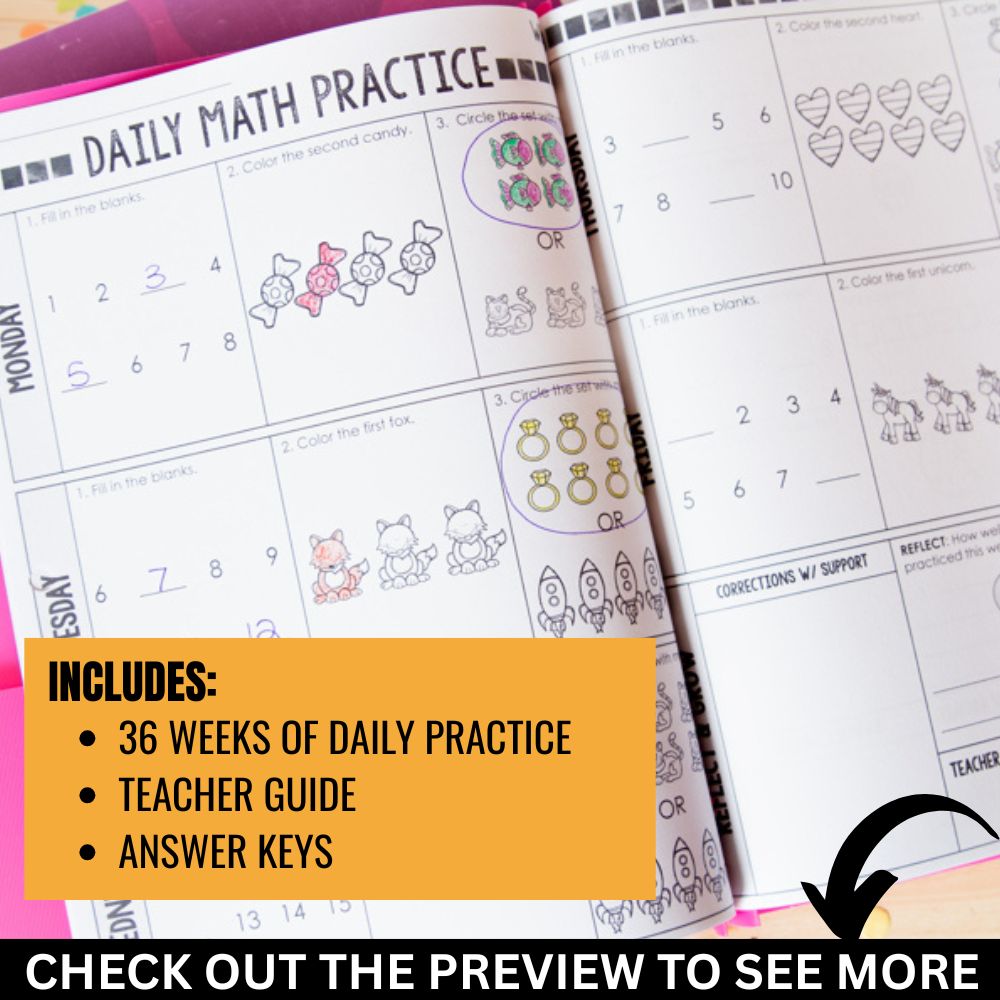 The 1st Grade Daily Math Warm Ups | Spiral Review Morning Work by Differentiated Teaching with Rebecca Davies features 36 weeks of daily math practice for young students, a teacher guide, answer keys, and engaging coloring and counting exercises.