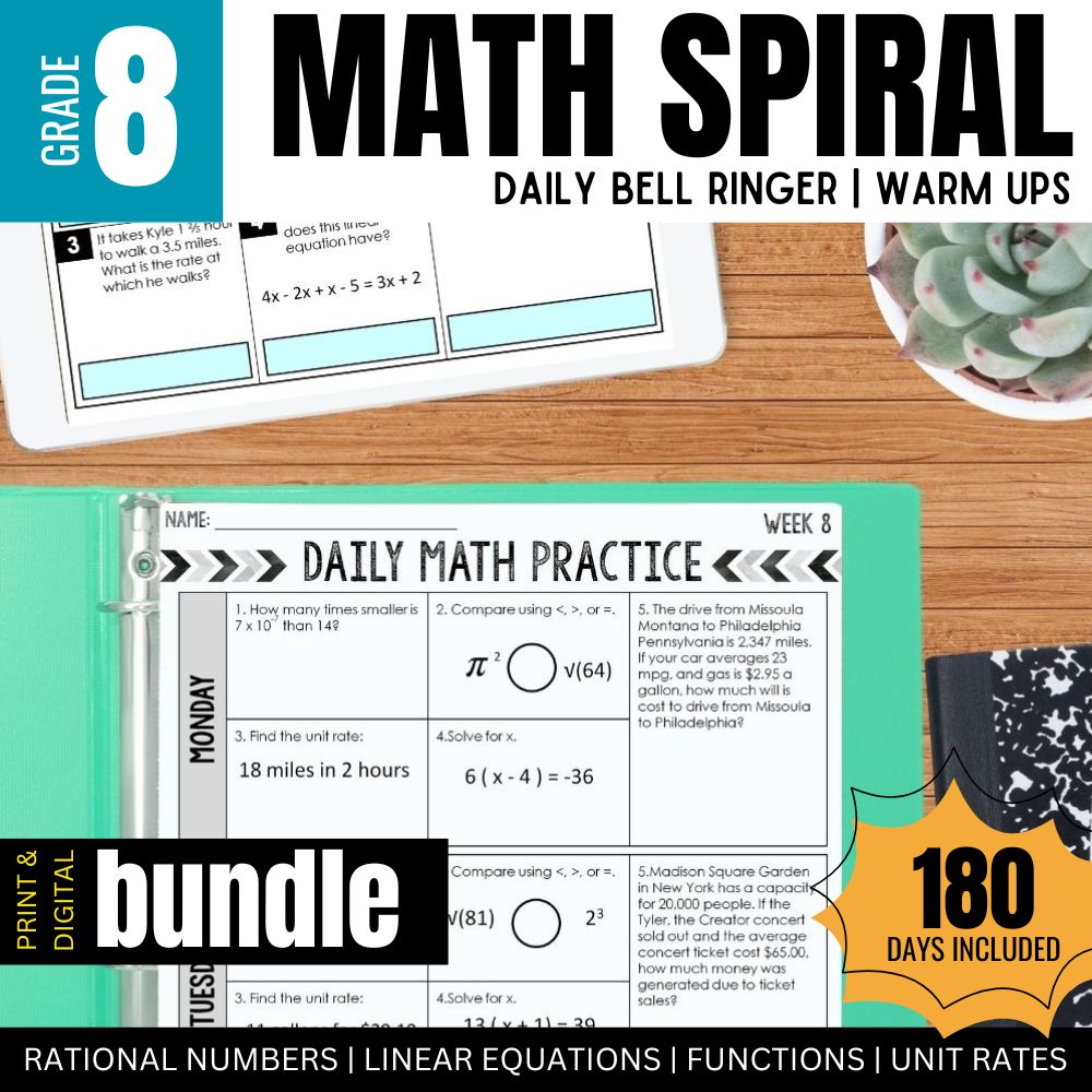 Cover image for Differentiated Teaching with Rebecca Davies' 8th Grade Math Spiral Review – Daily Practice, Bellringers & Homework, showing worksheets, a clipboard, a succulent, and text highlighting 180 days of standards-based math warm-ups.