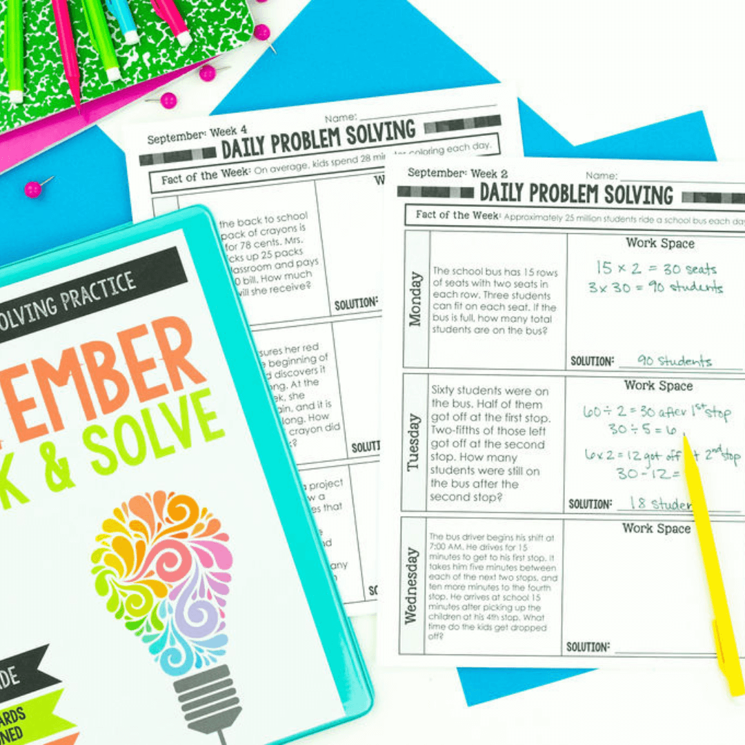 Colorful school supplies and worksheets from Differentiated Teaching with Rebecca Davies are arranged on a white surface. The "2nd Grade Math Word Problem of the Day | Daily Story Problem Practice" binder and two completed sheets are featured.