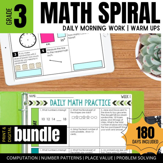 Cover image for "3rd Grade Math Spiral Review – Daily Warm-Ups for Third Grade" by Differentiated Teaching with Rebecca Davies, featuring printable & digital worksheets, a tablet, and a plant. Highlights 180 days of computation, patterns, & problem-solving practice.