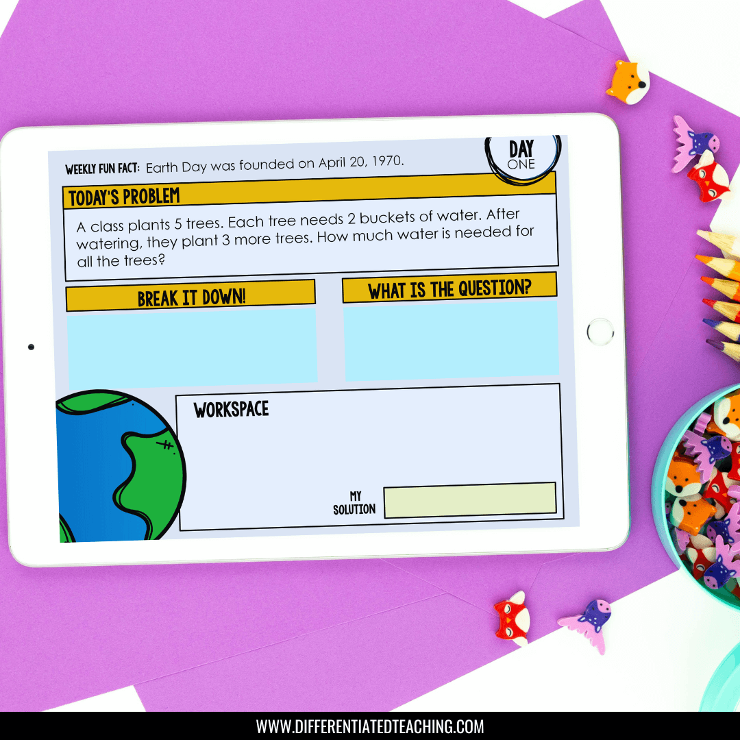 The 3rd Grade Math Word Problem of the Day by Differentiated Teaching with Rebecca Davies features a plant-themed story problem, shown on an iPad with school supplies. Ideal for printable and digital use all year.