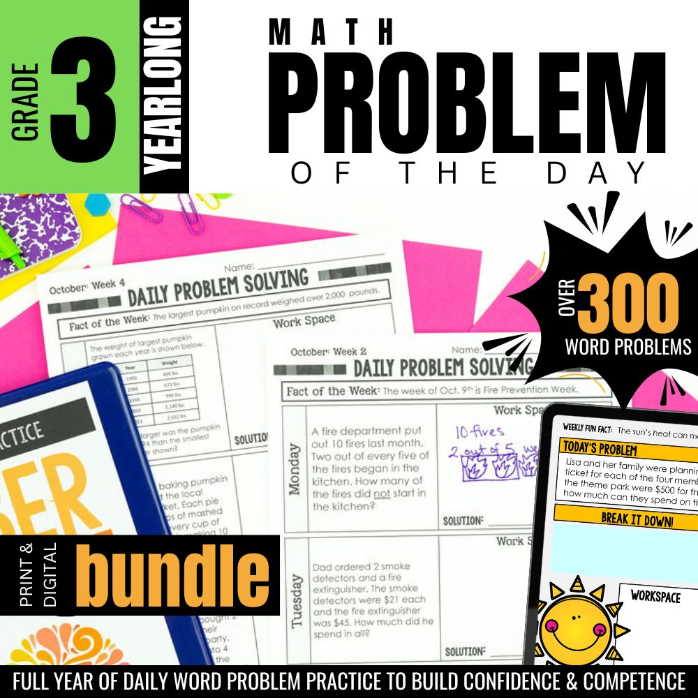 The 3rd Grade Math Word Problem of the Day: Yearlong Story Problem Solving Practice by Differentiated Teaching with Rebecca Davies features over 300 word problems to build confidence and competence, with colorful cover showing worksheets, folders, and a pencil.