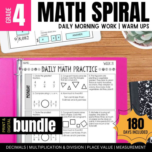 The 4th Grade Math Spiral Review – Daily Warm-Ups for Fourth Grade by Differentiated Teaching with Rebecca Davies is open in a pink binder, showing 180 days of practice on decimals, multiplication, division, place value, and measurement.