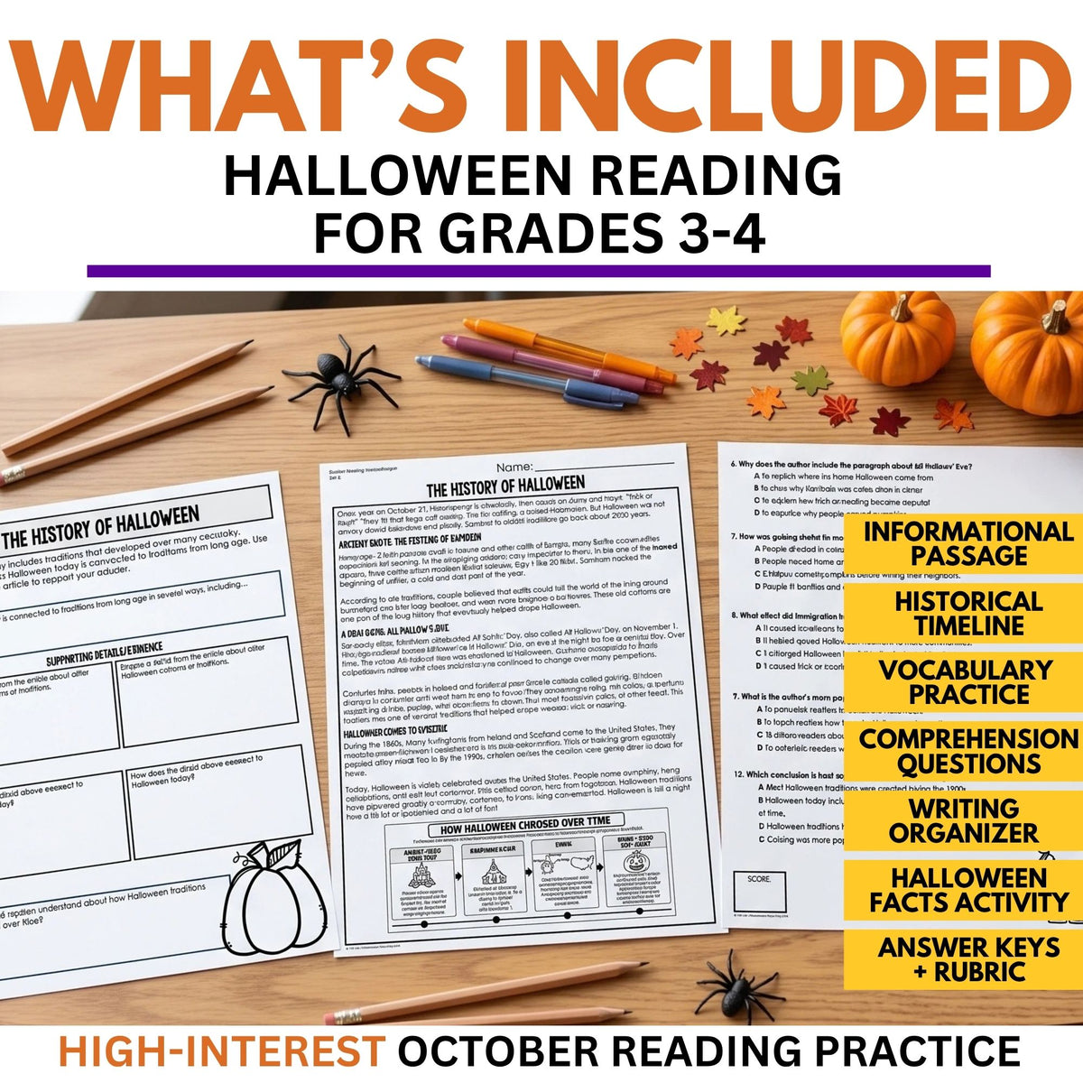 History of Halloween Reading Comprehension Passage & Vocabulary | Grades 3–4 lesson pack containing a reading passage, vocabulary exercises, a writing organizer, a facts activity, answer keys, and a rubric with comprehension questions.
