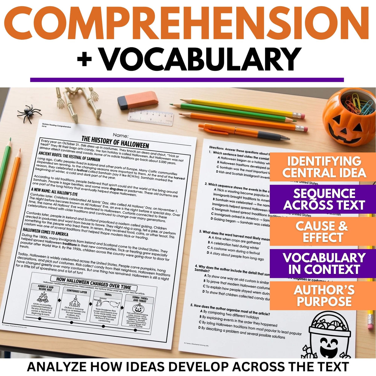 History of Halloween Reading Comprehension Passage & Vocabulary | Grades 3–4 worksheet featuring comprehension questions, a timeline, and vocabulary exercises, decorated with pumpkins, candy, and a pencil.