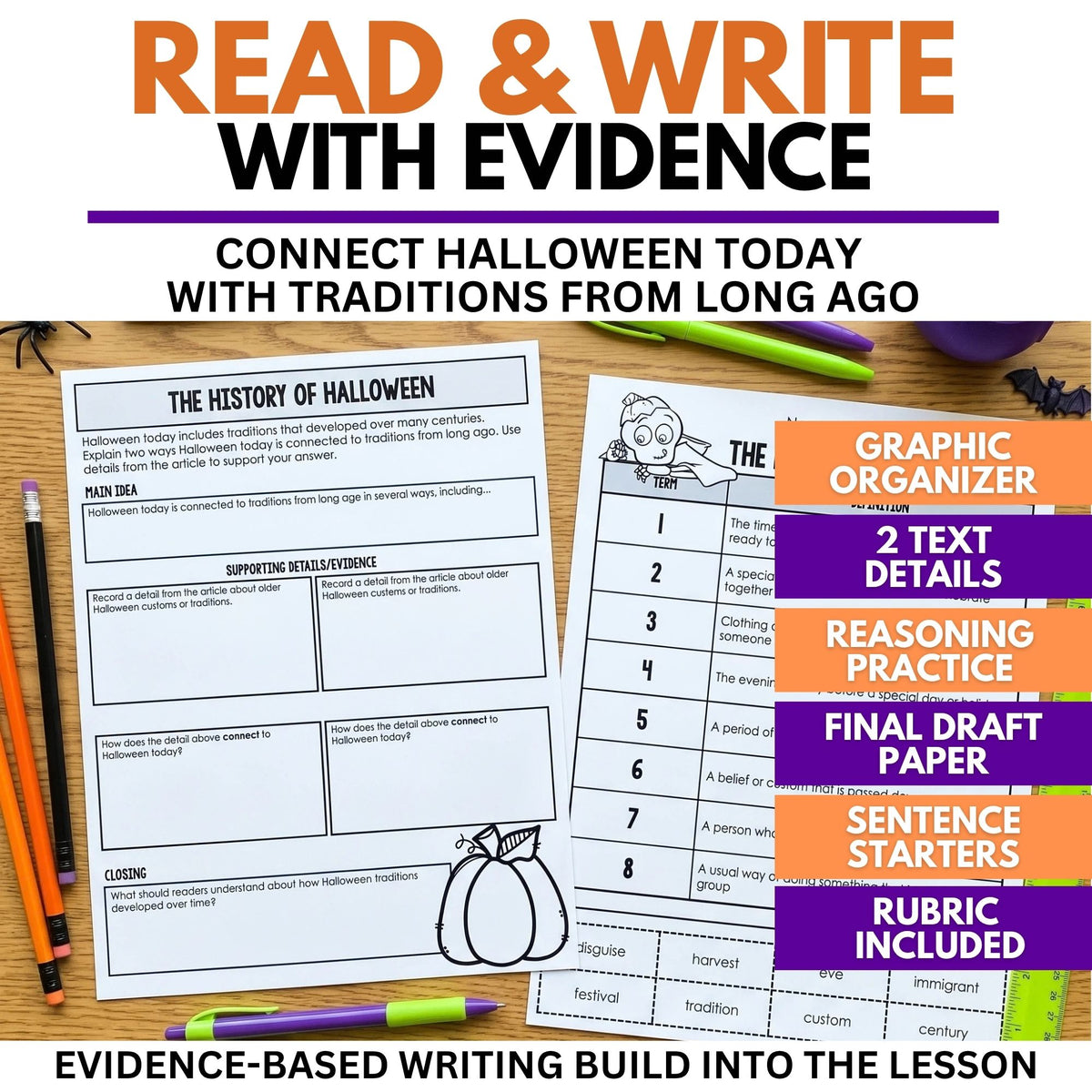 History of Halloween Reading Comprehension Passage & Vocabulary | Grades 3–4 worksheets, including a reading passage, graphic organizer, and vocabulary list, arranged on a desk with pencils and small bat decorations.