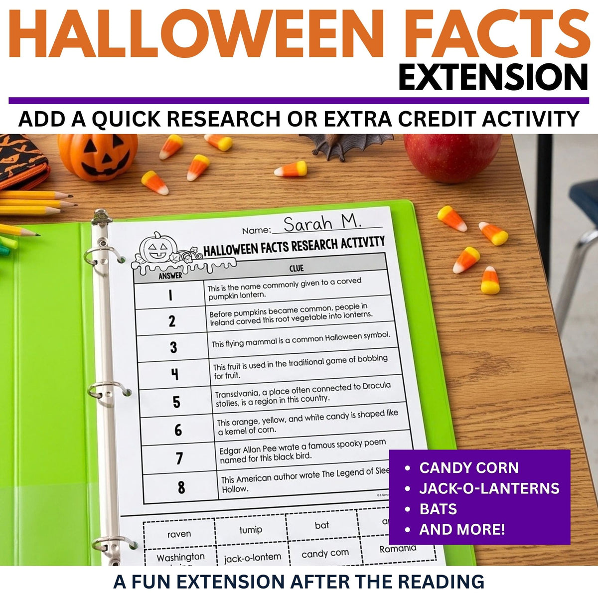 A binder containing a History of Halloween Reading Comprehension Passage & Vocabulary | Grades 3–4 worksheet, surrounded by candy corn and a small pumpkin.