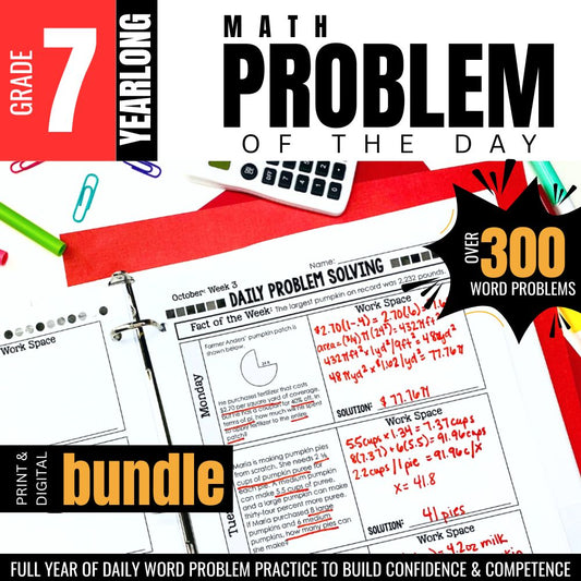Vibrant promo for "7th Grade Math Word Problem of the Day" by Differentiated Teaching with Rebecca Davies, showing daily worksheets, red pen notes, calculator & stationery. Features 300+ yearlong 7th grade word problems—print & digital.