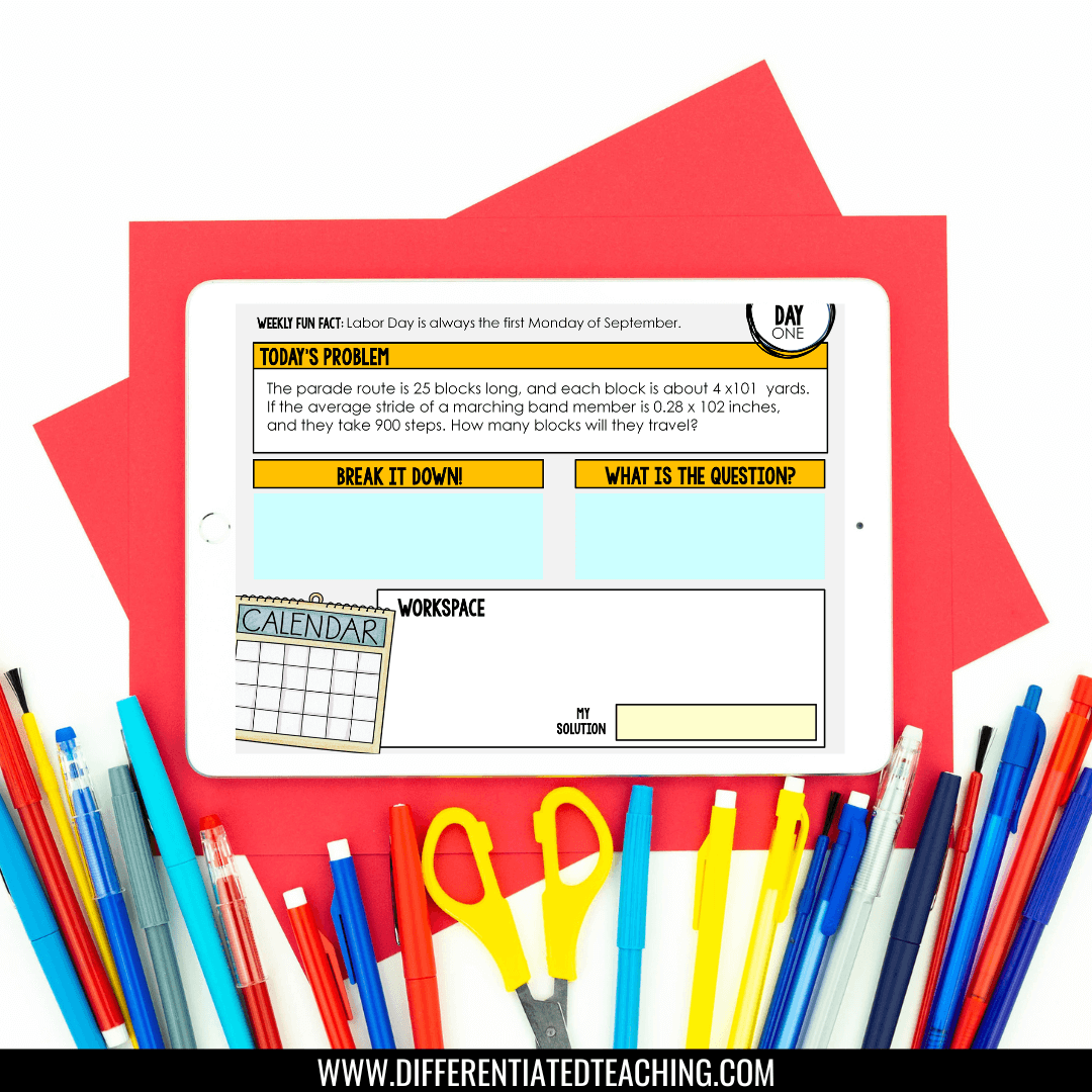 A tablet displays "7th Grade Math Word Problem of the Day" by Differentiated Teaching with Rebecca Davies, surrounded by colorful school supplies. The worksheet helps middle schoolers break down parade route problems and show their work daily.