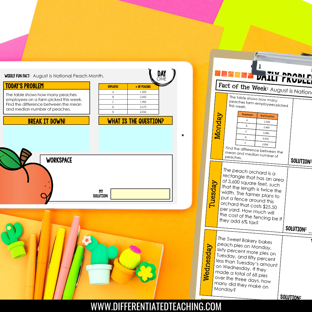A tablet displays "7th Grade Math Word Problem of the Day" by Differentiated Teaching with Rebecca Davies. It’s on a colorful desk with school supplies, beside a daily problem-solving worksheet for National Peach Month.