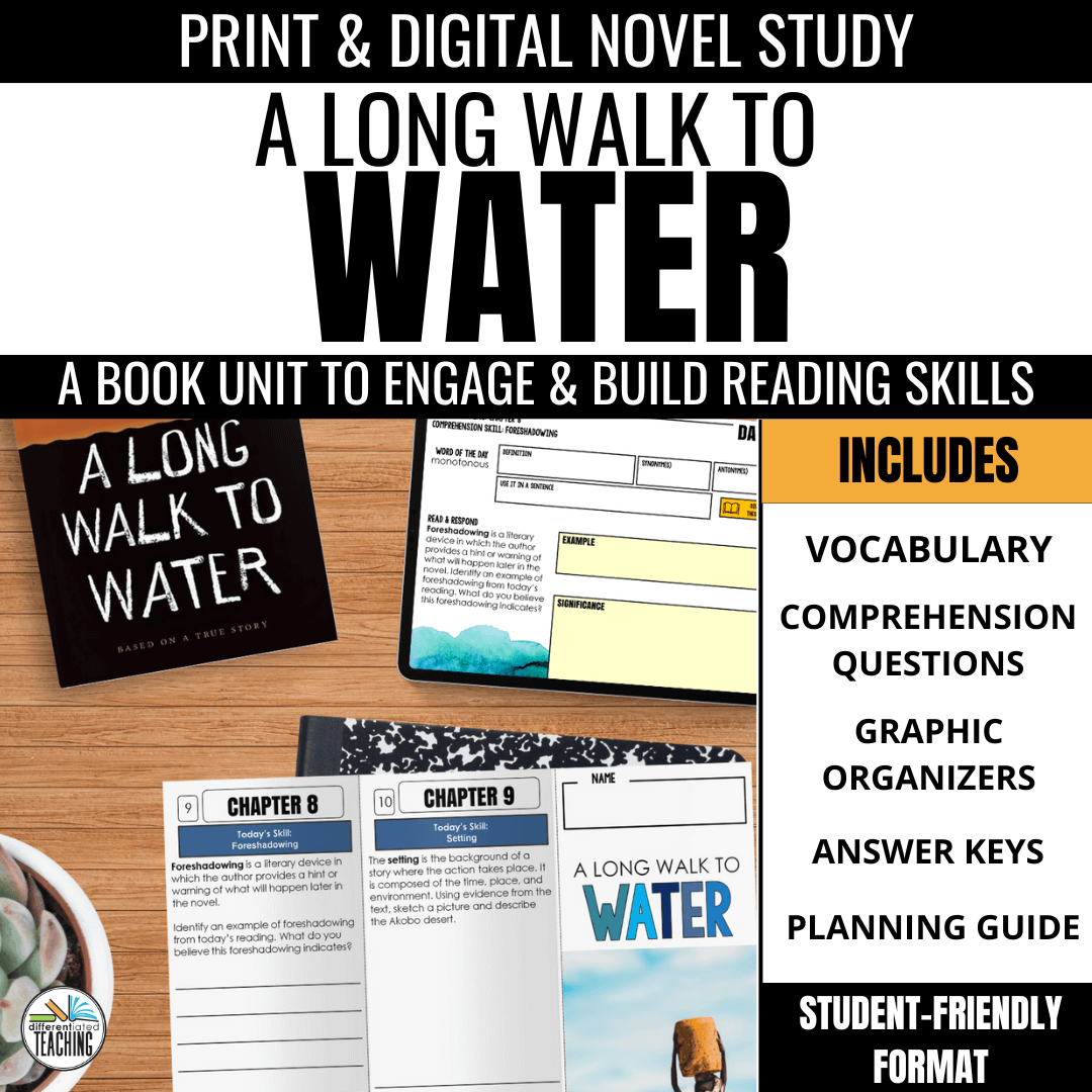 Promotional image for A Long Walk to Water Novel Study by Differentiated Teaching with Rebecca Davies, ideal for grades 5-7, featuring the book cover, sample worksheets, comprehension and vocab activities, organizers, answer keys & planning guide.