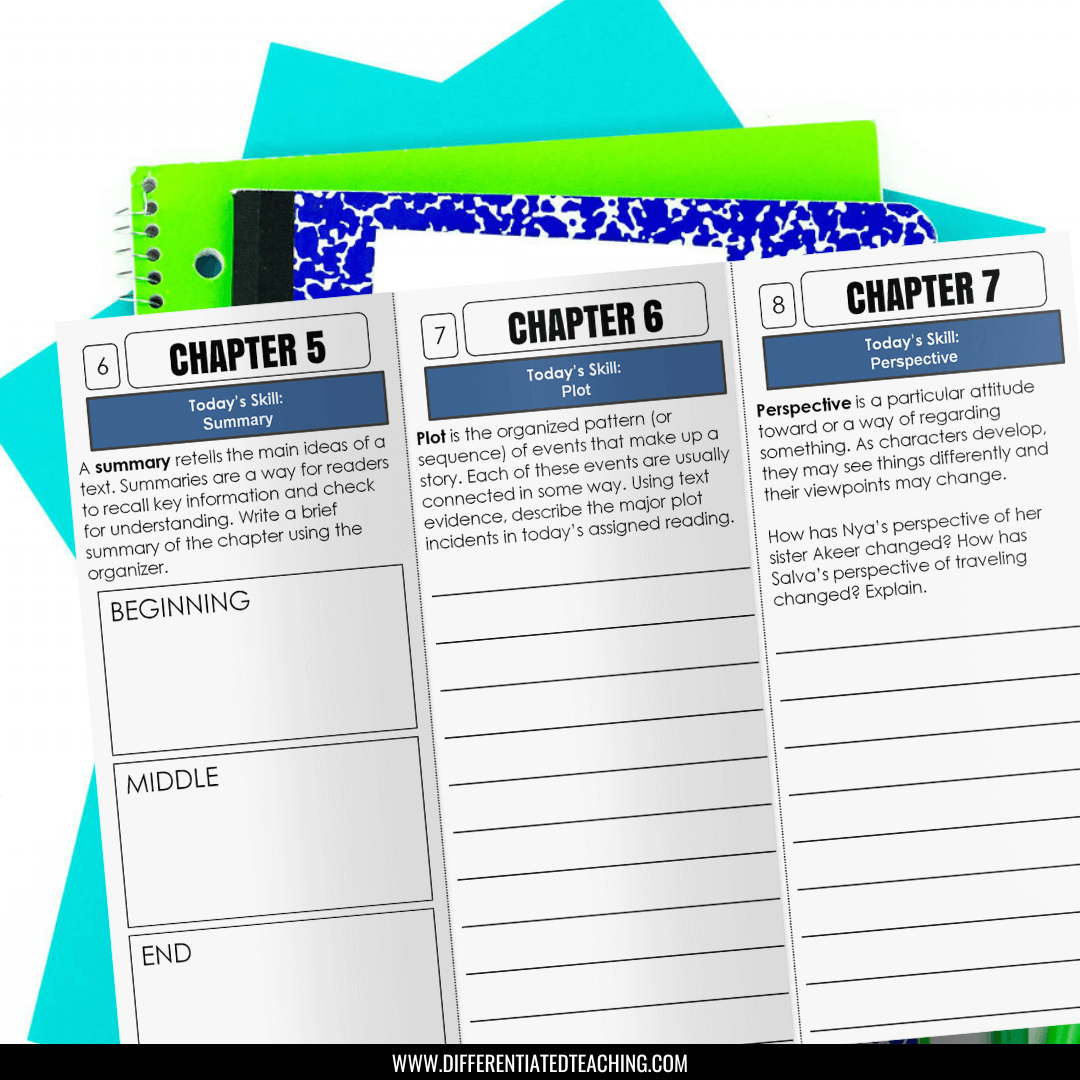 The "A Long Walk to Water Novel Study" by Differentiated Teaching with Rebecca Davies includes three worksheets for Chapters 5–7, covering summary, plot, and perspective—ideal 5th–7th grade comprehension resources with space for student responses.