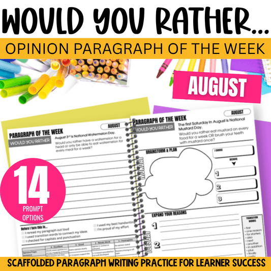 Colorful educational image with “Would You Rather August Morning Work: This or That Paragraph Writing Bell Ringer” by Differentiated Teaching with Rebecca Davies, 14 prompts, sample worksheet—ideal for scaffolded morning work or opinion writing practice.