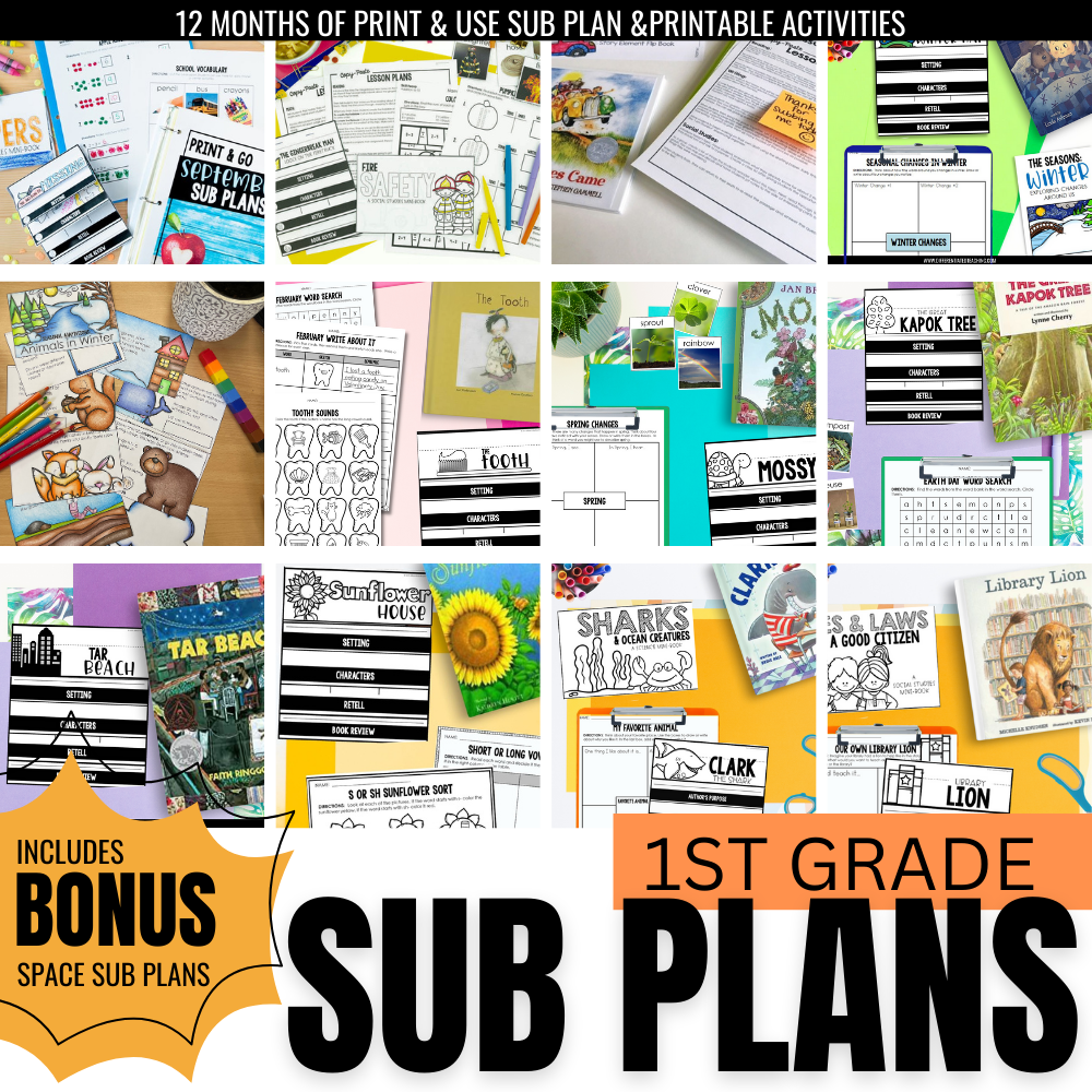A vibrant collage showcases the 1st Grade Sub Plan Bundle by Differentiated Teaching with Rebecca Davies, featuring a year of no-prep emergency substitute plans, worksheets, books, illustrations, and a bonus set of space-themed sub plans.