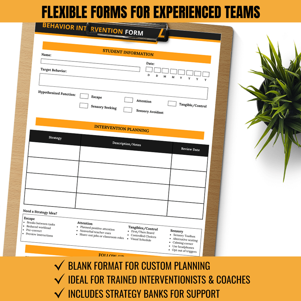 A clipboard with a Behavior Intervention Form from the Behavior Intervention Plan Toolkit with Flow Chart & Documentation Forms by Differentiated Teaching with Rebecca Davies sits on a desk, featuring sections for student info and intervention planning.
