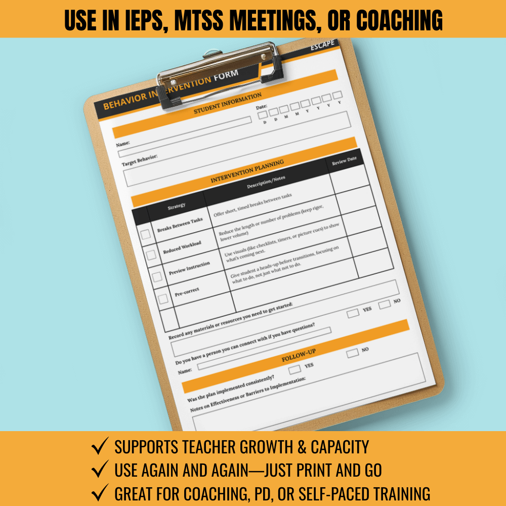 The Behavior Intervention Plan Toolkit with Flow Chart & Documentation Forms by Differentiated Teaching with Rebecca Davies features forms for student info, intervention planning, and follow-up—ideal for IEPs, MTSS meetings, coaching, teacher training, and behavior support plans.