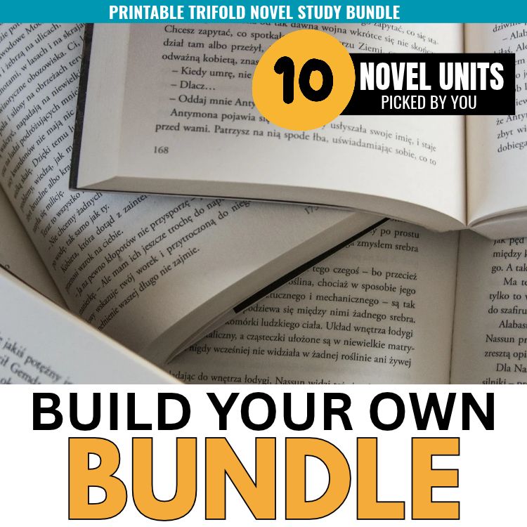 An open book with pages of printed text, overlaid with an orange circle badge reading 10 Novel Units Picked by You and bold text below for the Build Your Own Novel Study Bundle.