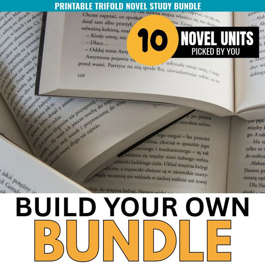 An open book with pages of printed text, overlaid with an orange circle badge reading 10 Novel Units Picked by You and bold text below for the Build Your Own Novel Study Bundle.