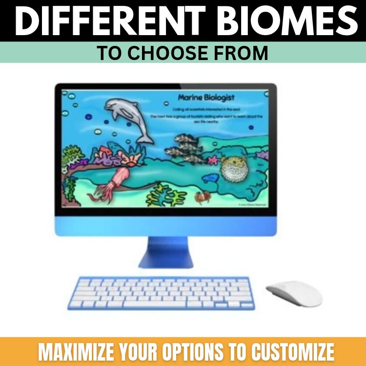 Computer screen displaying the Digital Animal Research Project - Google Slides Format, showing an interactive marine biology slide with the text Different Biomes to Choose From above and Maximize Your Options to Customize below.