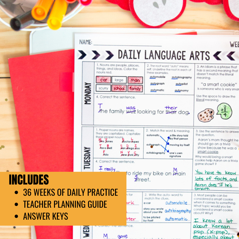 The 4th Grade Daily Language Spiral Review by Differentiated Teaching with Rebecca Davies features 36 weeks of grammar, editing, and ELA warm-ups plus a teacher guide and answer keys—shown beside school supplies on a desk.