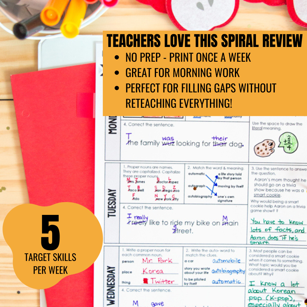 The 4th Grade Daily Language Spiral Review by Differentiated Teaching with Rebecca Davies is clipped to a red folder, with a yellow label showing “5 target skills per week” and a box highlighting grammar and vocabulary practice benefits.