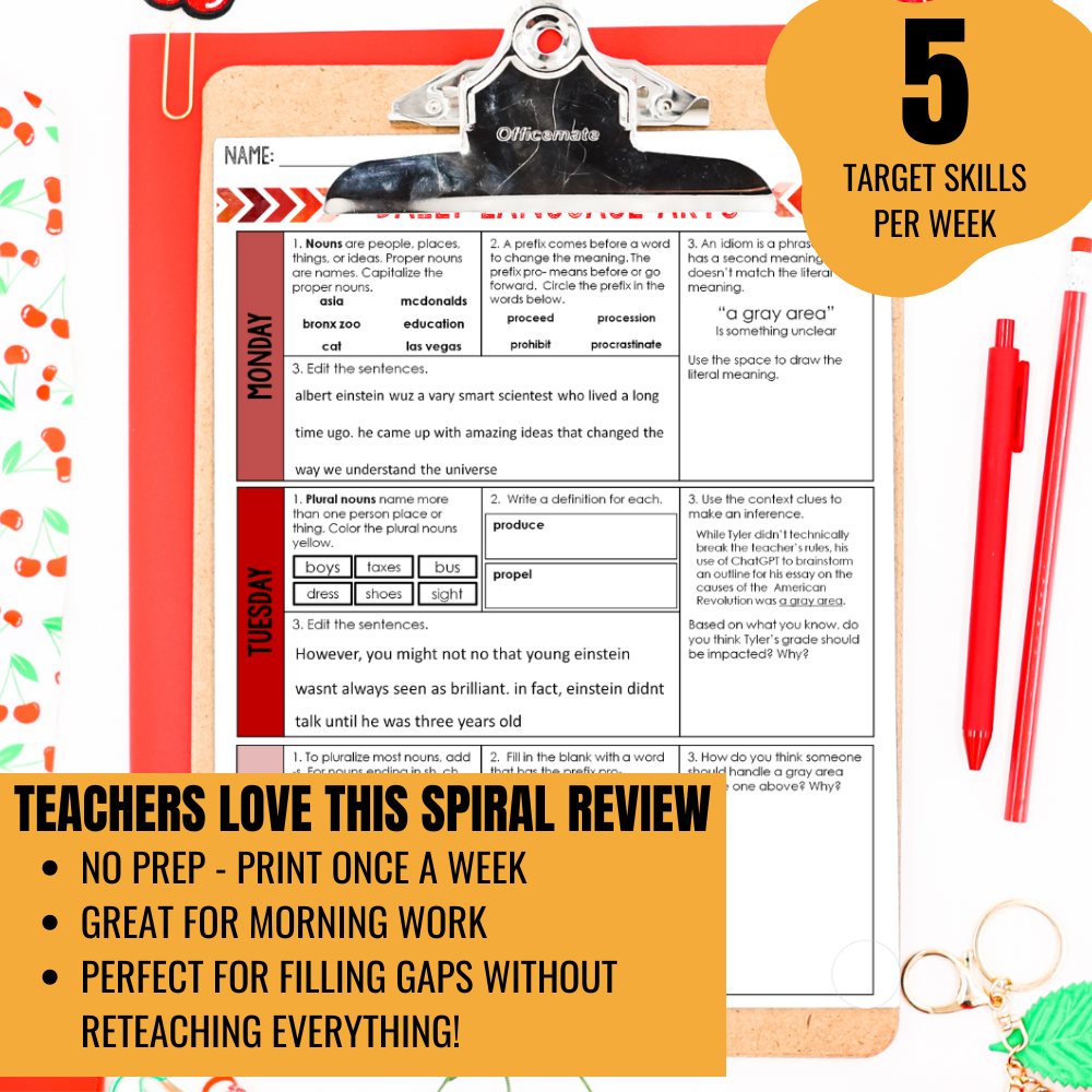 The 7th Grade ELA Spiral Review: Daily Grammar Practice Language Arts Warm Up by Differentiated Teaching with Rebecca Davies sits on a desk with supplies. “5 target skills per week” is highlighted, making this no-prep bellringer perfect for language arts.