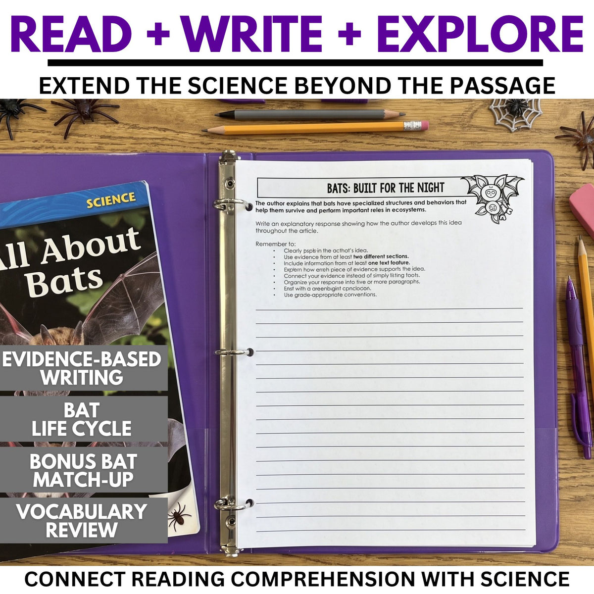 An open purple binder contains a Bats Reading Comprehension Passage & Vocabulary | Grades 3–4 worksheet titled Bats: Built for the Night, positioned next to a Science: All About Bats booklet and various school supplies.