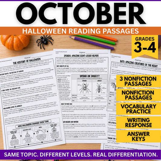 Educational resource set for Halloween Reading Comprehension Passages Bundle | Spiders, Bats & History of Halloween | Grades 3–4, featuring nonfiction passages, vocabulary, and writing activities to support reading comprehension.