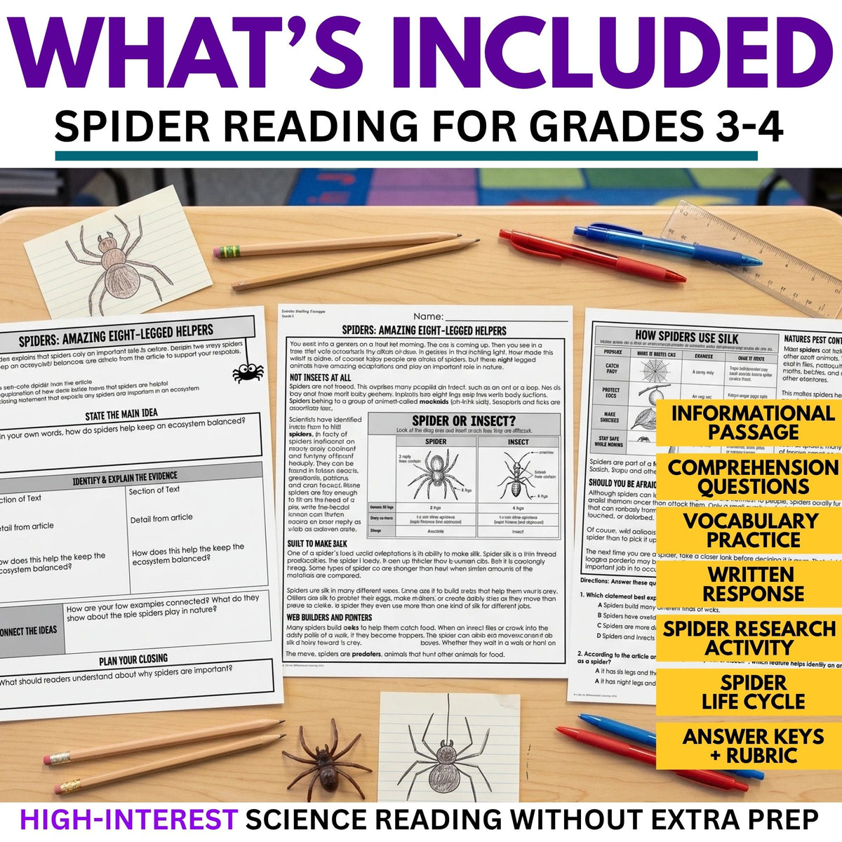 Spiders Reading Comprehension Passage & Vocabulary | Grades 3–4 activity pages featuring a spider reading passage, comprehension questions, vocabulary exercises, a life cycle diagram, and answer keys.