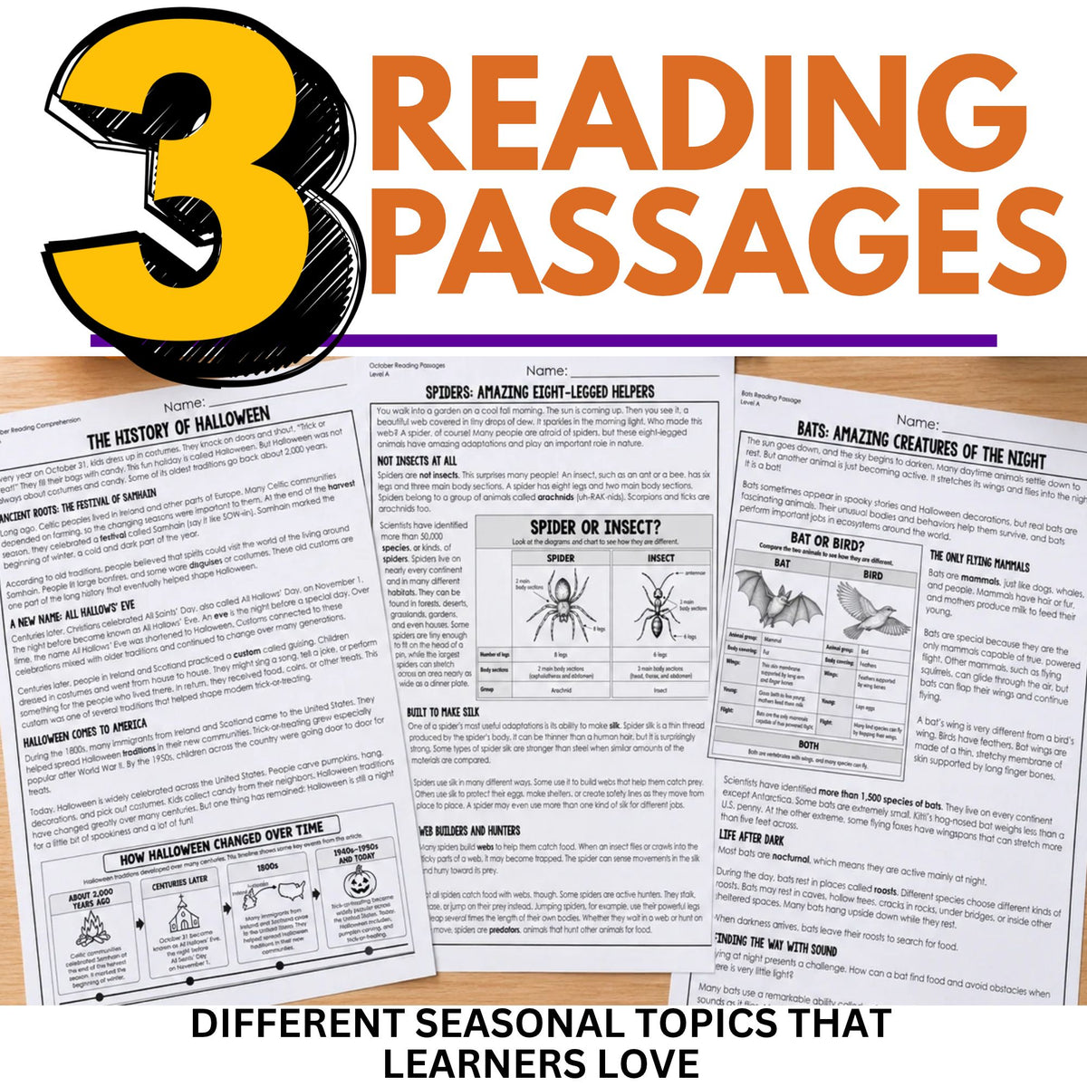 Three grade 3–4 nonfiction passages from the Halloween Reading Comprehension Passages Bundle | Spiders, Bats & History of Halloween | Grades 3–4, featuring reading comprehension exercises and diagrams displayed under the text READING PASSAGES.