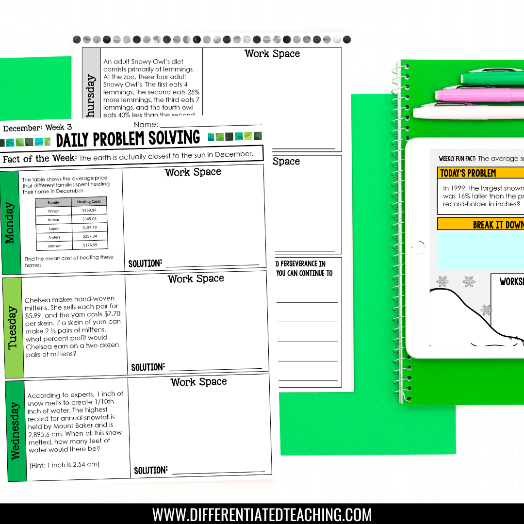 A flat lay features "4th Grade Math Word Problem of the Day | Daily Story Problem Practice" by Differentiated Teaching with Rebecca Davies, shown on a white tablet alongside math worksheets, spiral notebooks, a pen, and a highlighter on a green background.