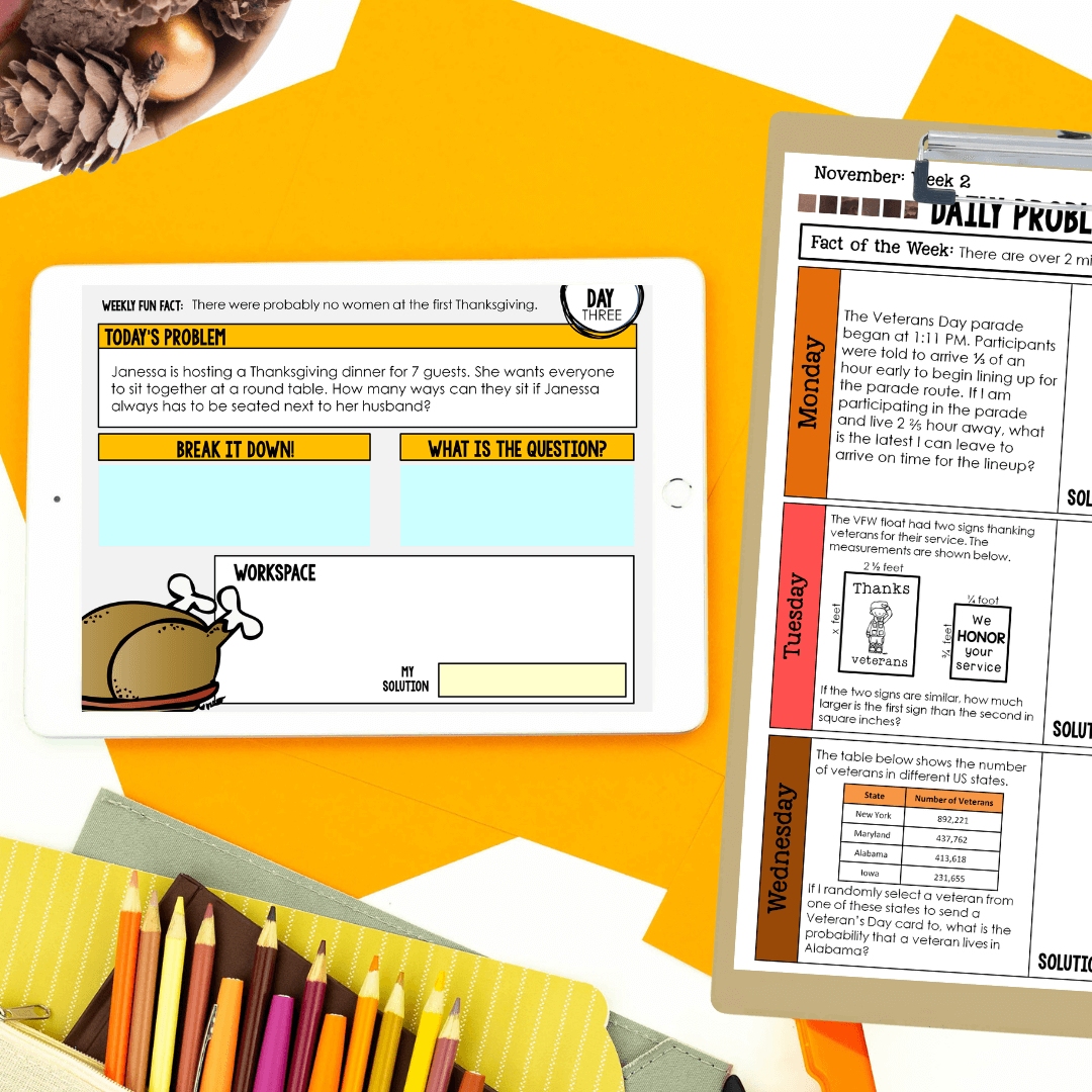 A tablet displays the "4th Grade Math Word Problem of the Day | Daily Story Problem Practice" by Differentiated Teaching with Rebecca Davies, on a desk with a clipboard, colored pencils, yellow notepad, paperclips, and marshmallows.