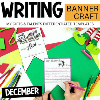 Surrounded by craft supplies and festive elf decorations, a person writes on the "I am gifted at" and "I can share this gift by…" templates from the Christmas Writing Activity | Sharing My Gifts Pennant Banner Craft by Differentiated Teaching with Rebecca Davies.