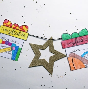 The Christmas Writing Activity | Sharing My Gifts Pennant Banner Craft by Differentiated Teaching with Rebecca Davies features a glittery gold star and "I am gifted at" cards, perfect for a festive classroom display with confetti accents.