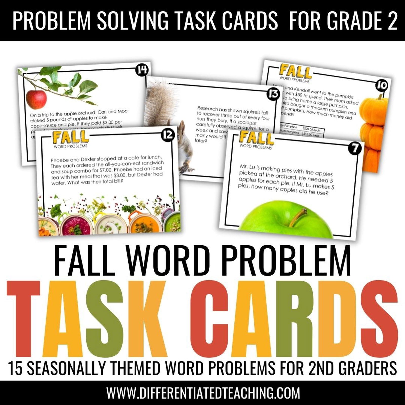 Fall Word Problems: Seasonal Story Problem Task Cards for Math - Differentiated Teaching with Rebecca Davies