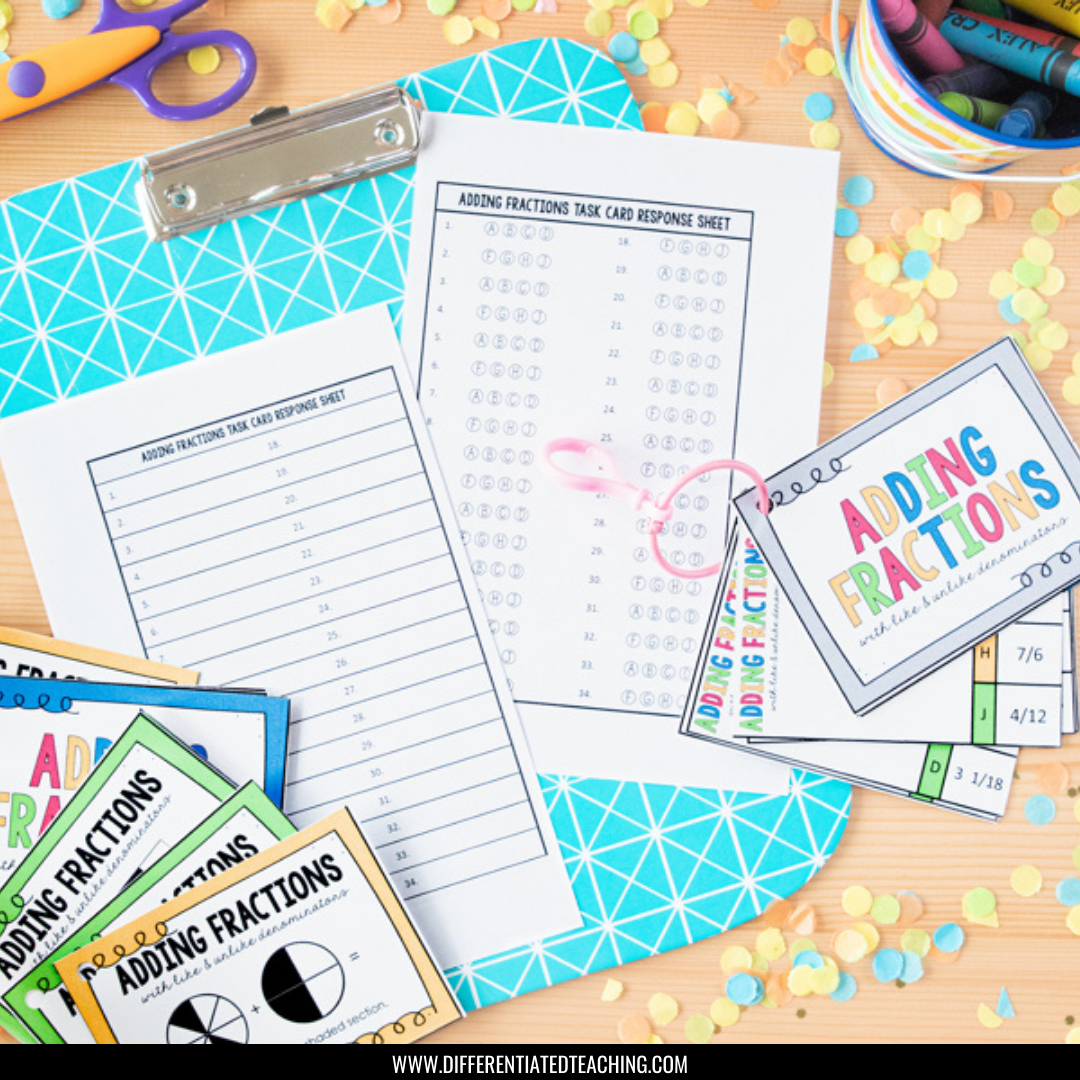 Adding Fractions Task Cards: Adding Fractions w/ Like & Unlike Denominators - Differentiated Teaching with Rebecca Davies
