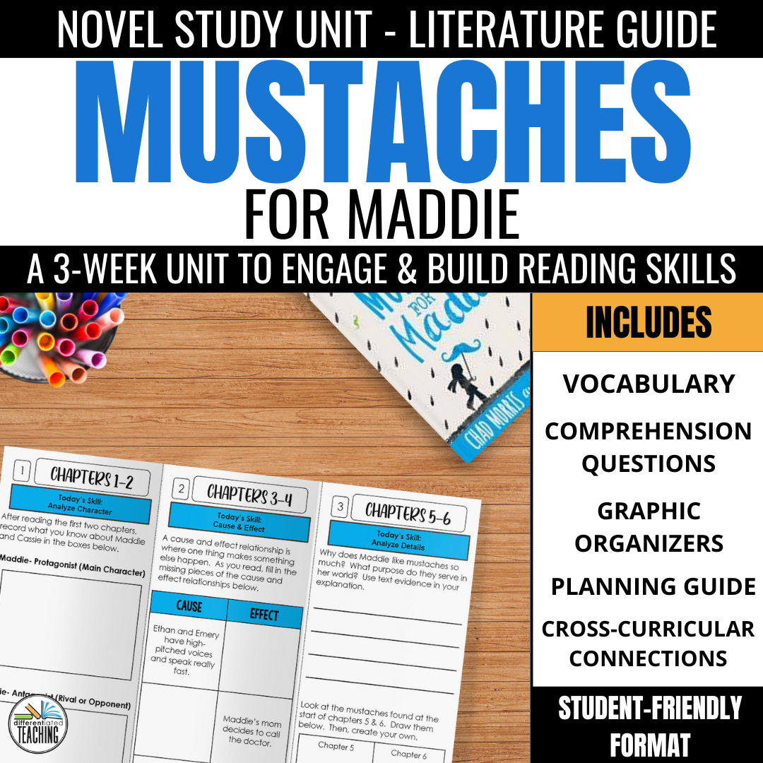 Mustaches for Maddie Novel Study Unit - Differentiated Teaching with Rebecca Davies