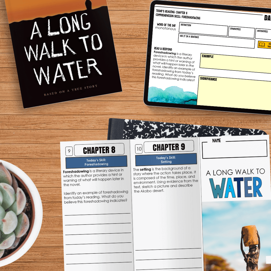 A flat lay displays the A Long Walk to Water Novel Study by Differentiated Teaching with Rebecca Davies, including study prompts for chapters 8 and 9, a reading guide on a tablet, comprehension activities, and is ideal for grades 5-7.