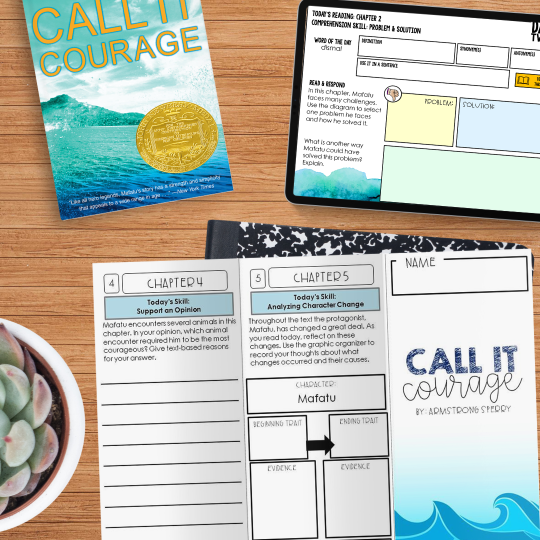 The Call It Courage Novel Study by Differentiated Teaching with Rebecca Davies, an open comprehension worksheet, a digital reading activity on a tablet, and a potted plant are set on a wooden desk for standards-aligned literature circles.