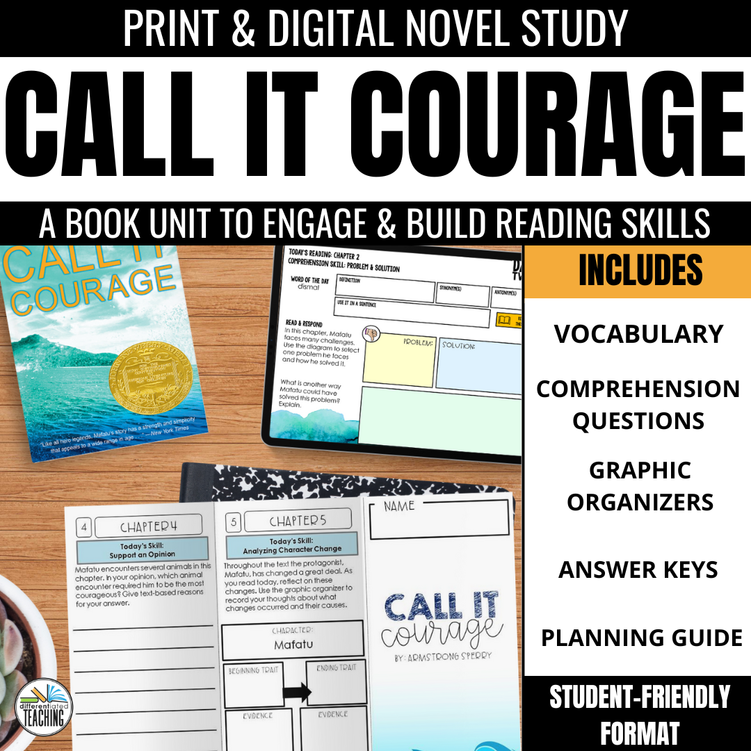 Call It Courage Novel Study by Differentiated Teaching with Rebecca Davies: includes the book cover, worksheets (paper & digital), plus vocabulary, comprehension practice, graphic organizers, answer keys, and standards-aligned literature circles.