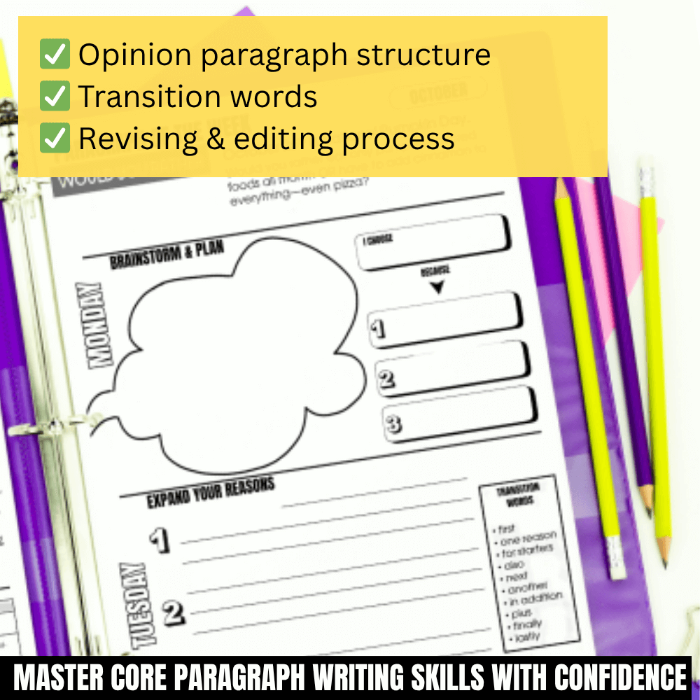 The Would You Rather October Morning Work: This or That Halloween Paragraph Writing by Differentiated Teaching with Rebecca Davies features open binder worksheets for planning opinion paragraphs, with a yellow box checklist on structure, transitions, and revising/editing.