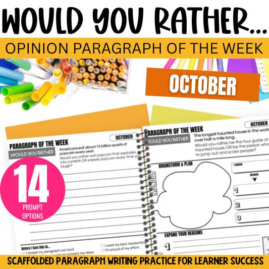 Would You Rather October Morning Work: This or That Halloween Paragraph Writing by Differentiated Teaching with Rebecca Davies has 14 October prompts for scaffolded paragraph writing, perfect for morning work and bell ringers.